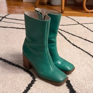 INTENTIONALLY BLANK Green Leather Mid-Calf Block Heel Boots